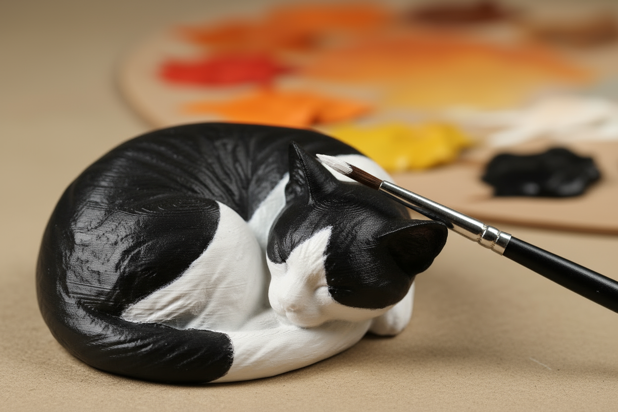 Hand-Painted 3D Printed Black and White Cat Model with Brush and Palette